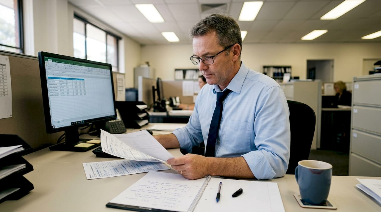 Bank officer verifies settlement documents at desk