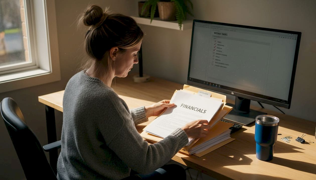 Woman organizes refinance documents at home desk