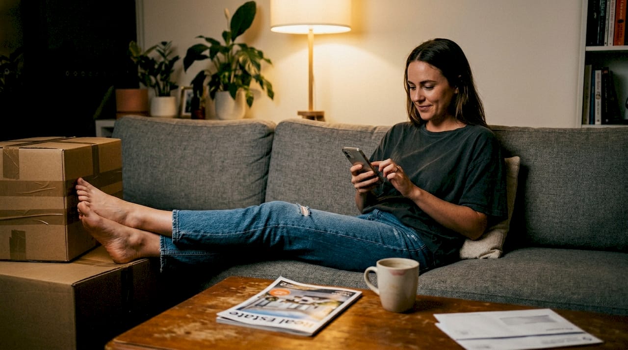 Young buyer checks phone for loan updates