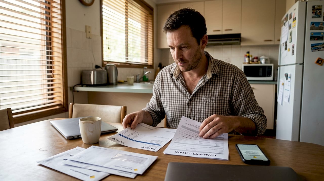 Man organizing loan documents at kitchen table