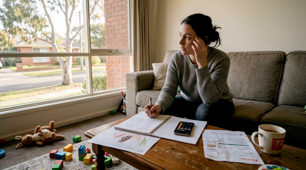 Woman updating budget in lived-in lounge