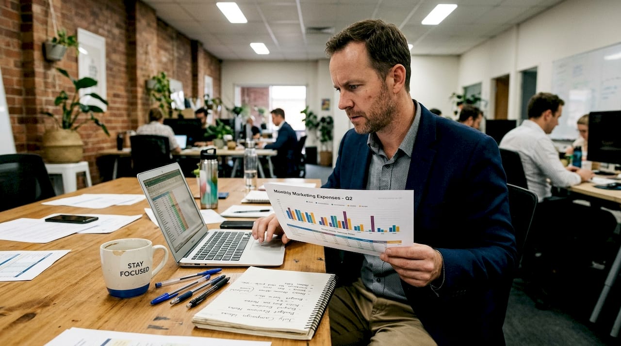 Man reading marketing expense charts at meeting table