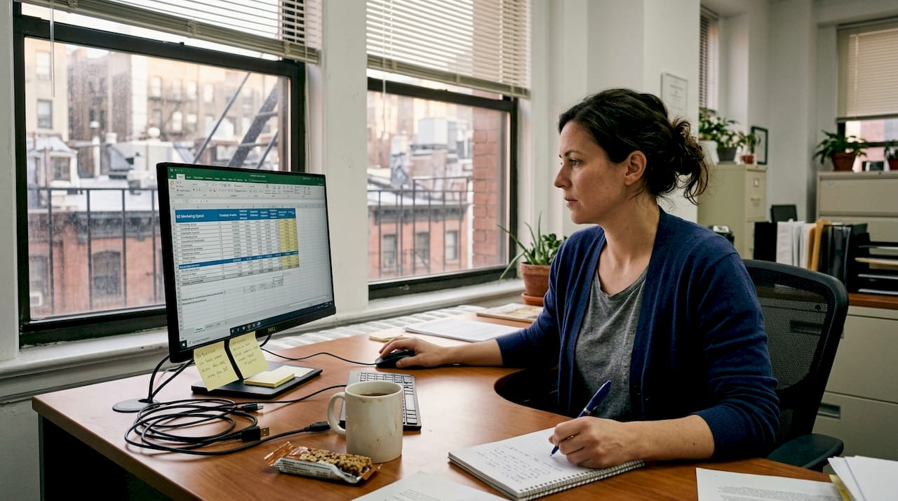 Woman planning marketing budget at office desk