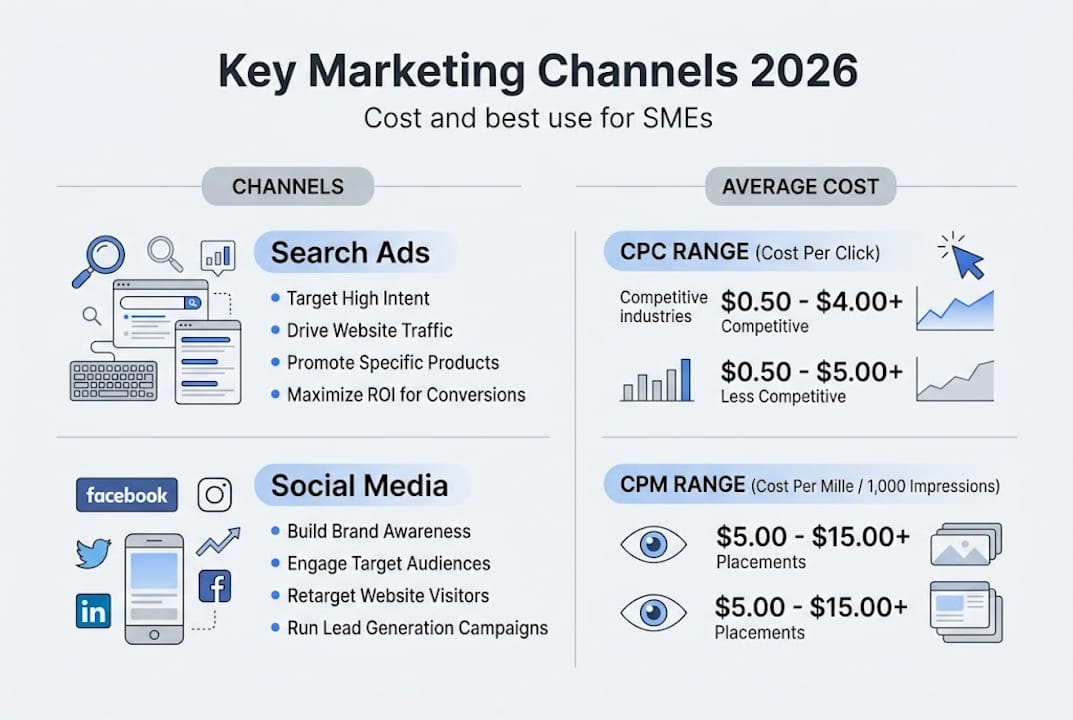 Infographic showing 2026 SME marketing channels and costs