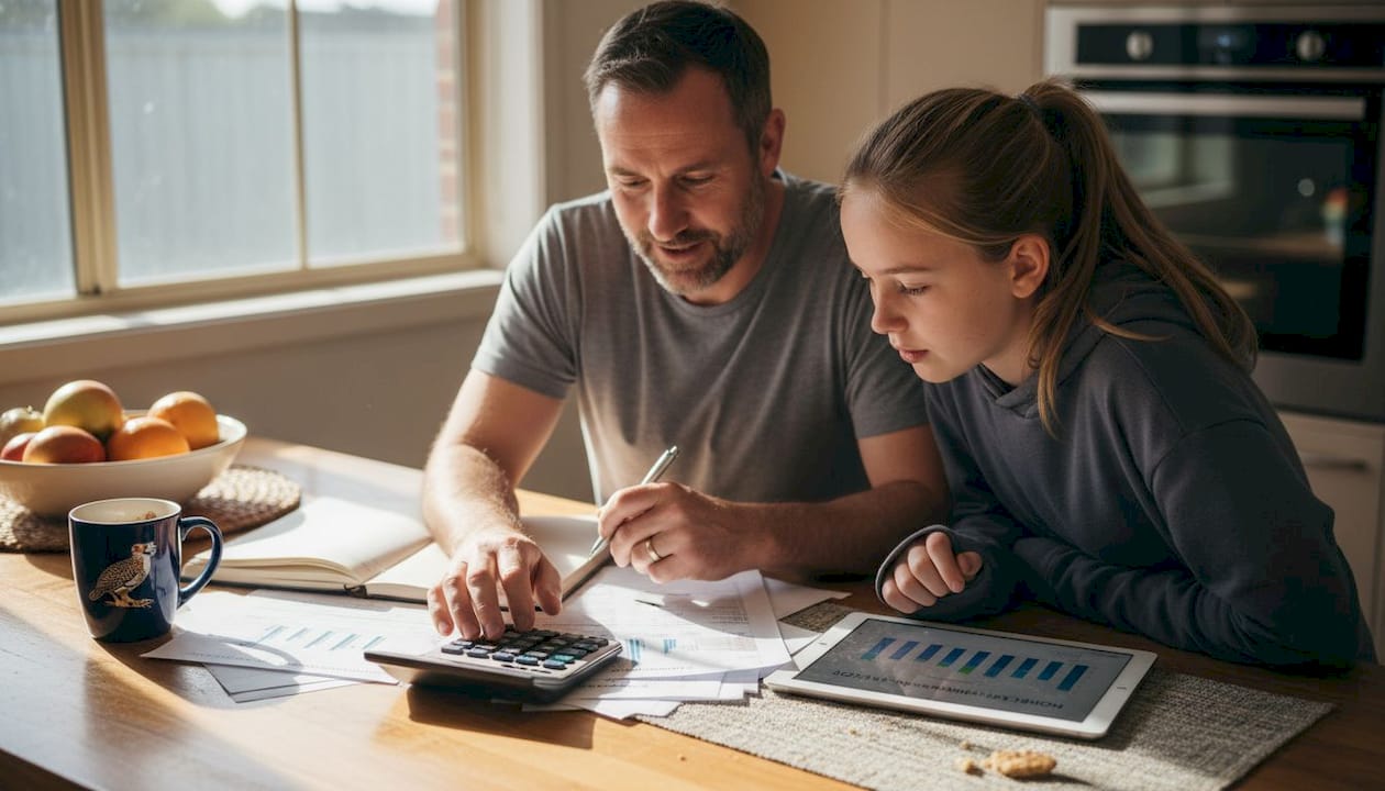 Family calculating home loan figures at kitchen