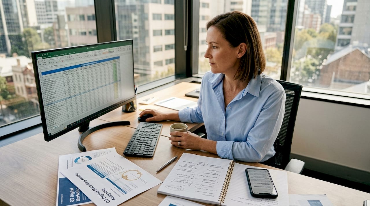 Marketing manager reviewing campaign data spreadsheet