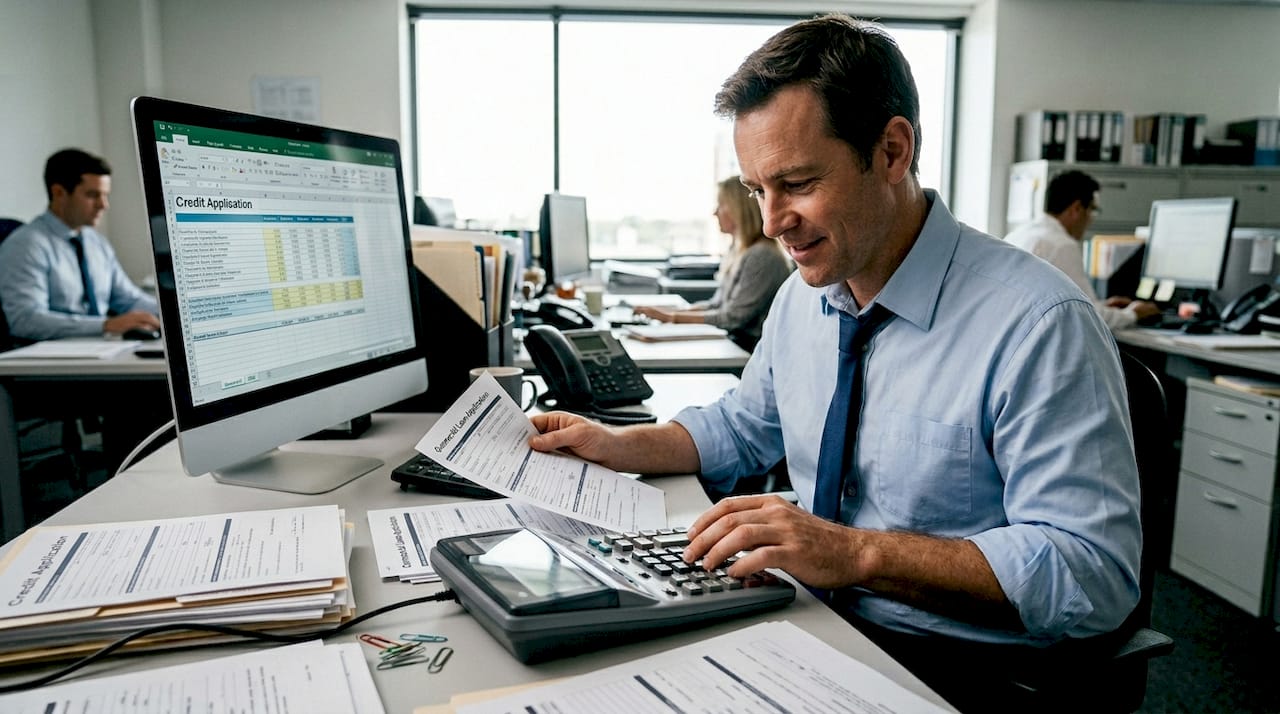 Bank officer using calculator to check loan