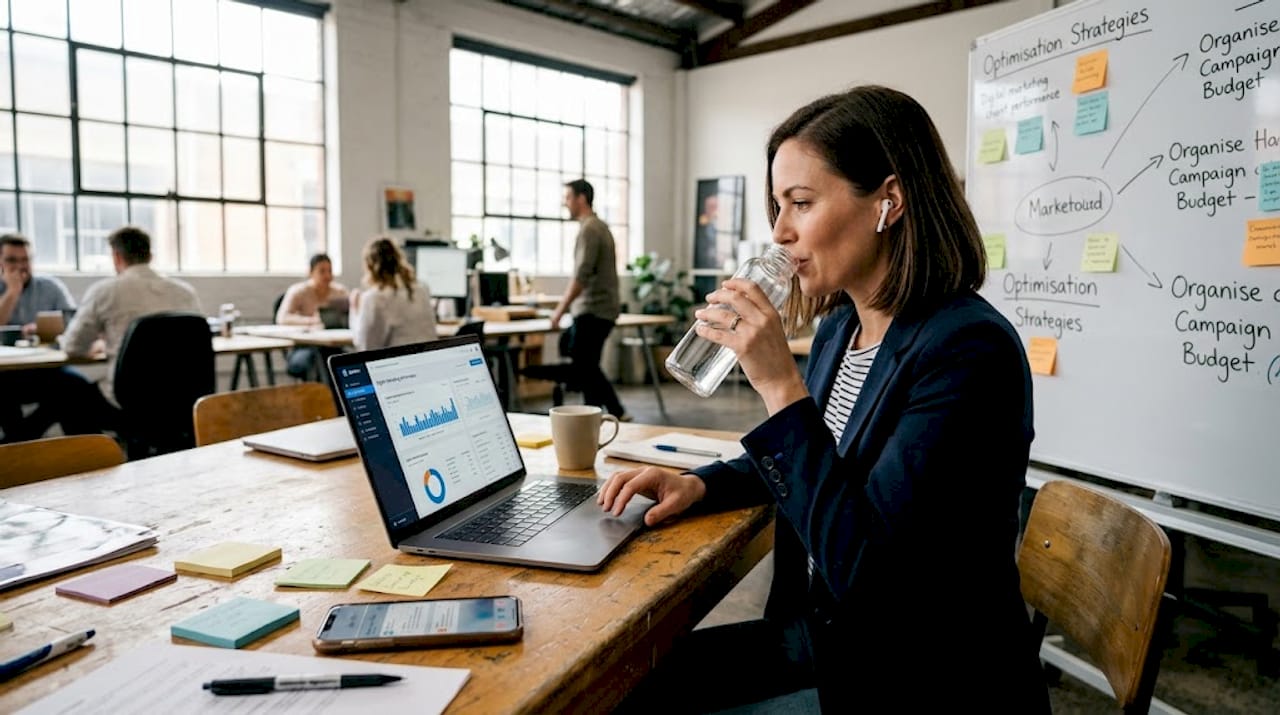 Marketer planning campaign at coworking table