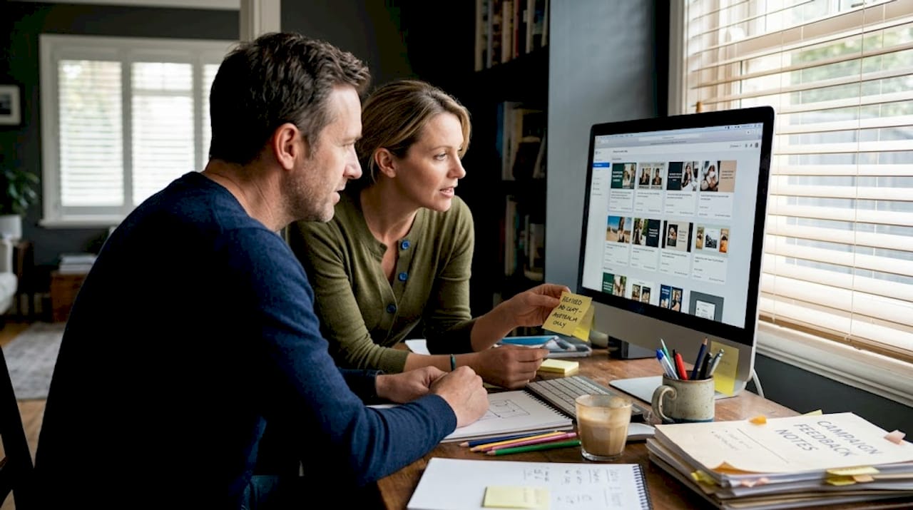 Team reviewing Facebook ad creatives at desk
