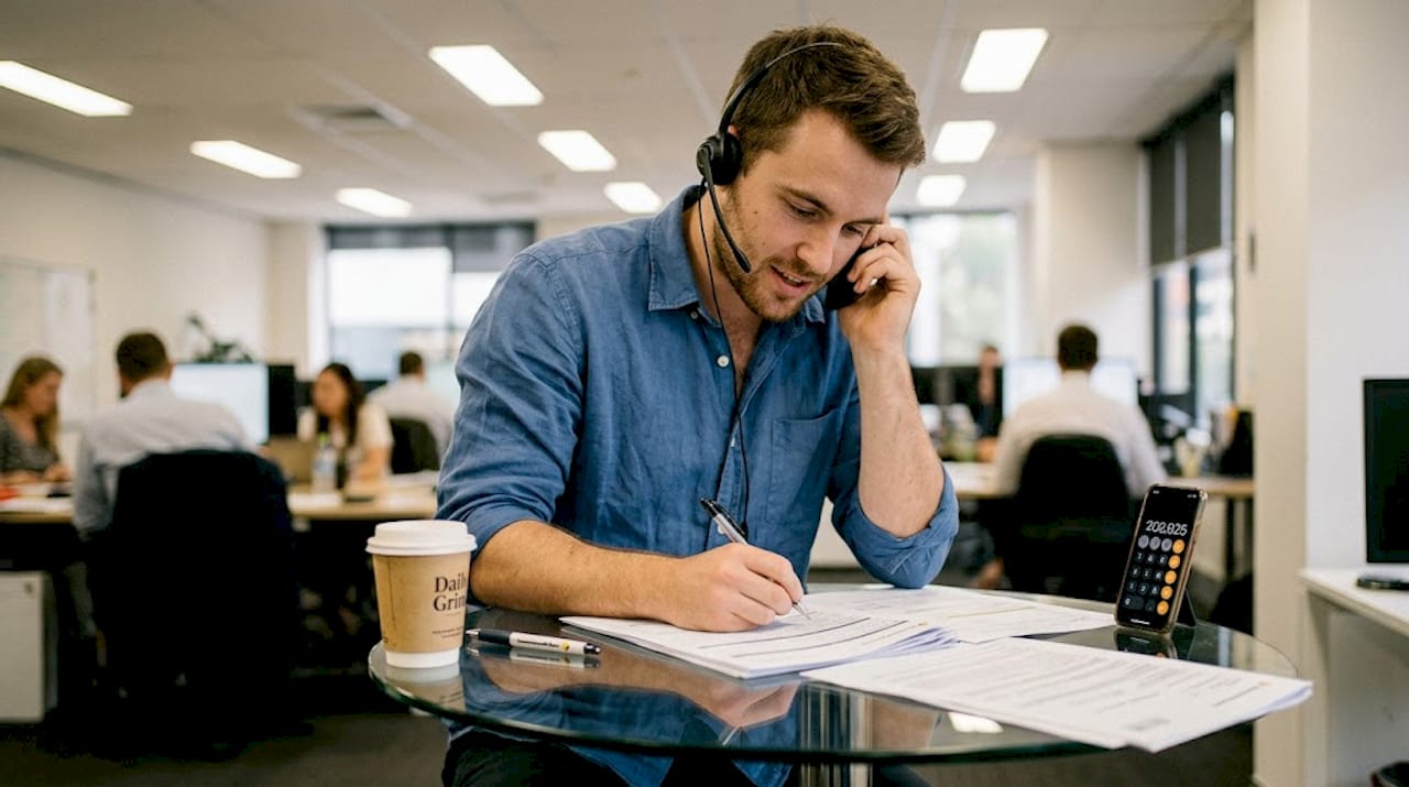 Man reviewing loan paperwork during phone call