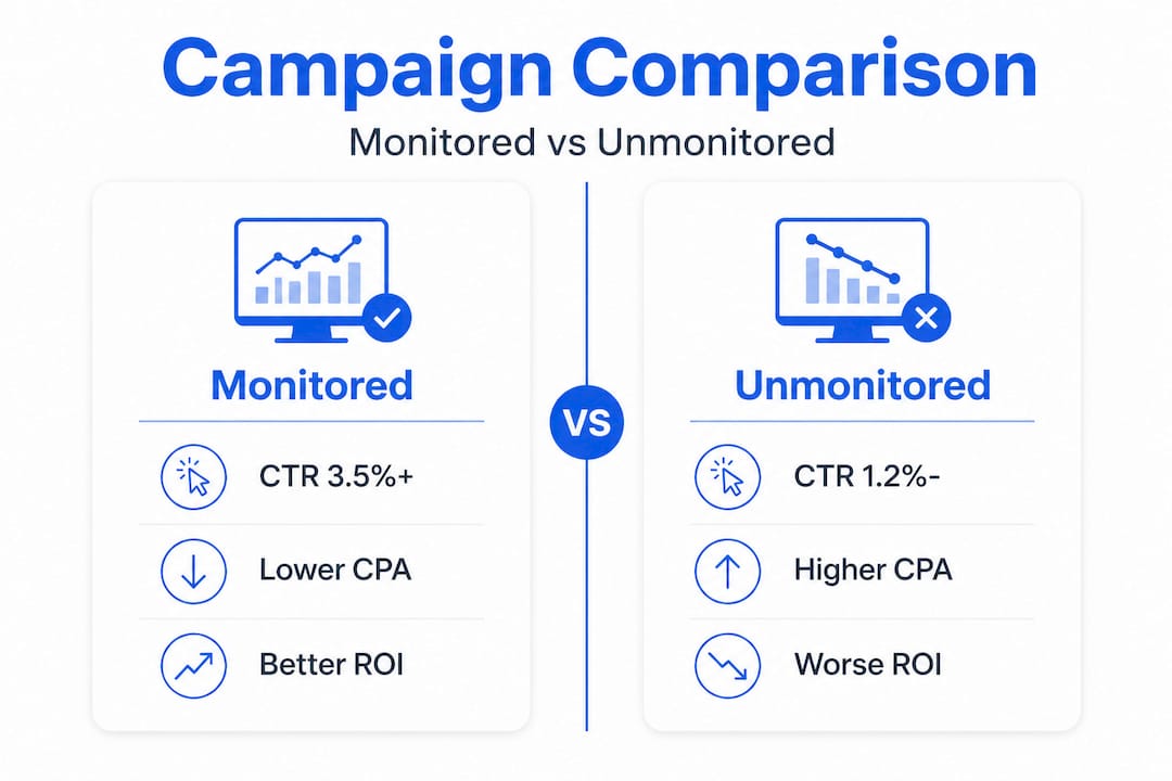 Infographic comparing monitored versus unmonitored ad campaigns