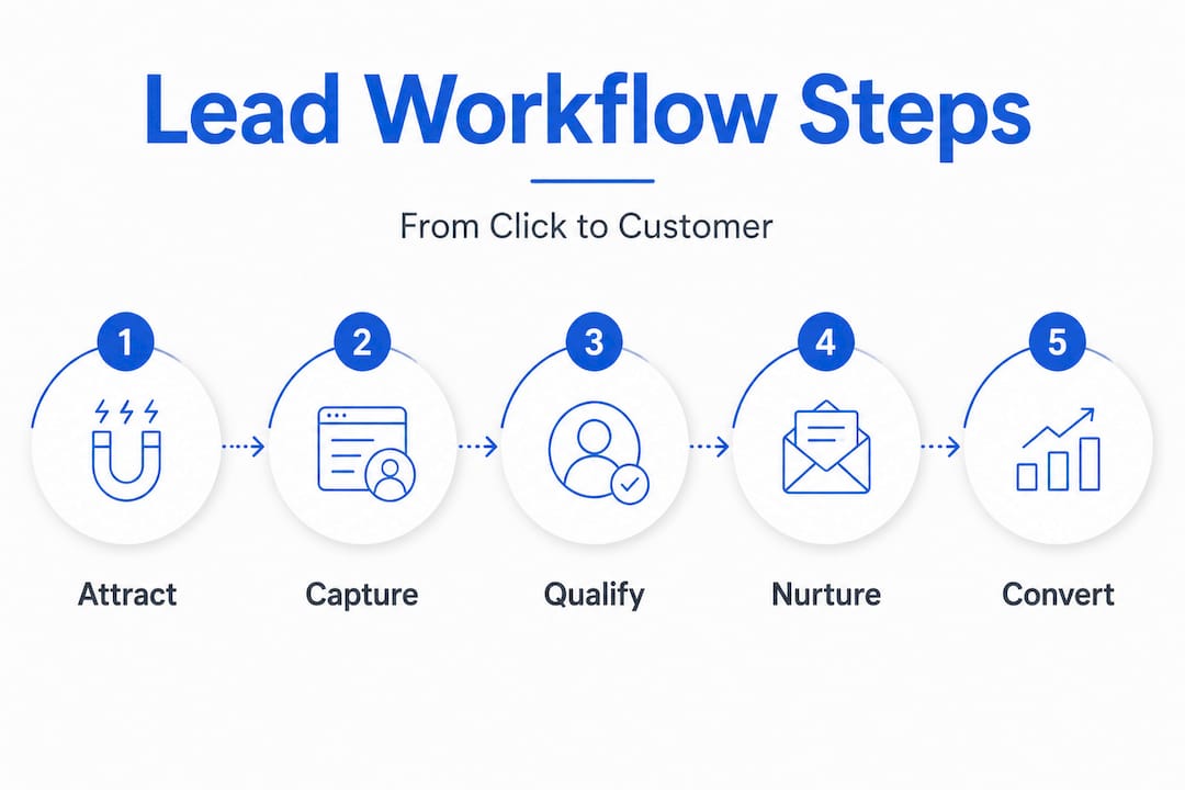 Infographic showing five-step lead generation workflow