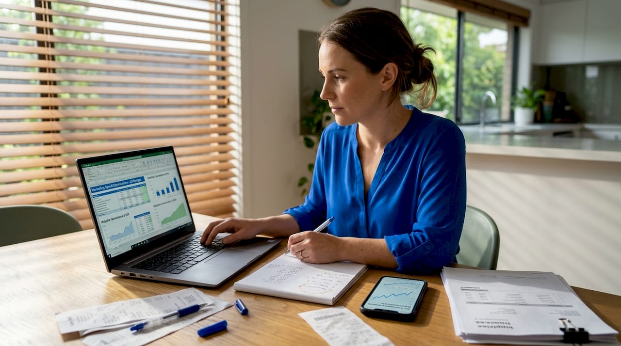 Woman working on ad budget spreadsheet at home