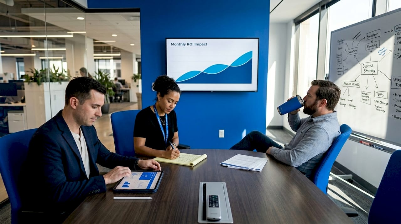 Team reviewing ad campaign results in meeting