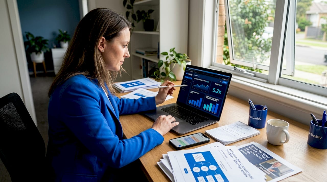Manager reviewing advertising audit reports at desk