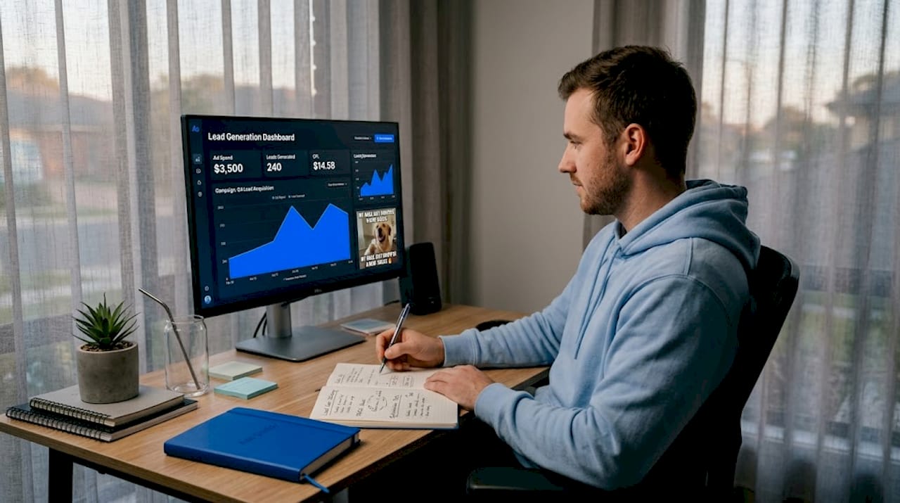 Marketer checks ad performance at home desk