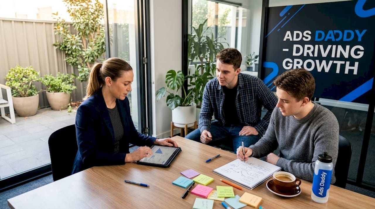 Marketing team collaborating on ad variants around office table