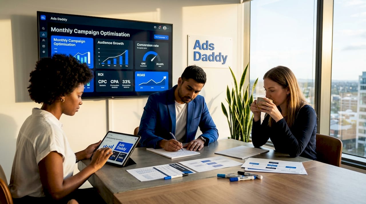Marketing team reviewing online campaign results