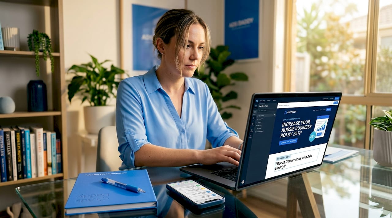 Business owner editing landing page at table