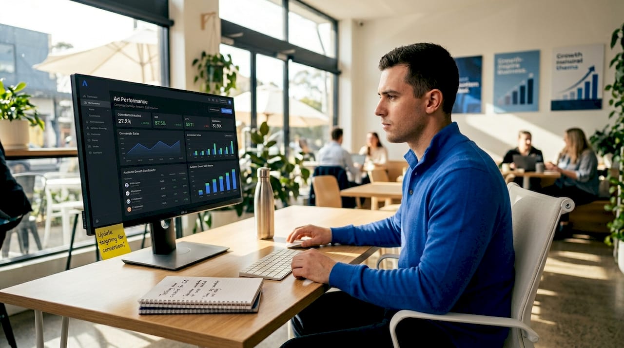 Marketer monitoring landing page ad results