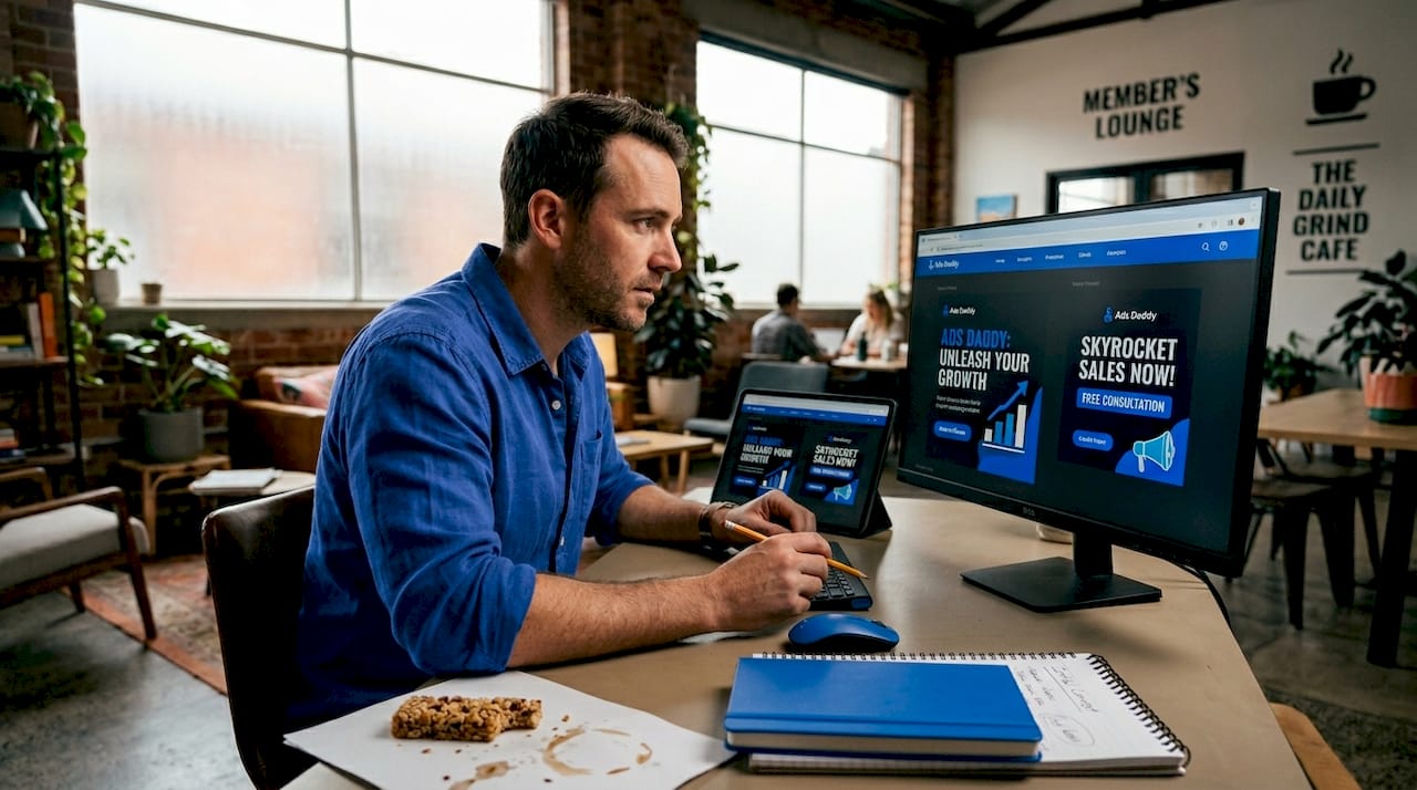 Small business owner reviewing digital ads at desk