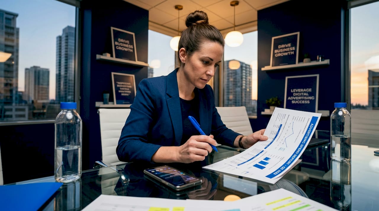 Marketing manager reviews ad spend reports