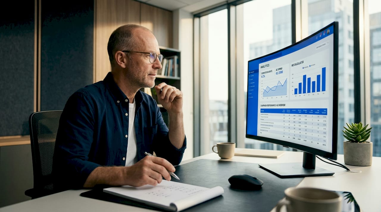 Man reviews ad engagement analytics in home office