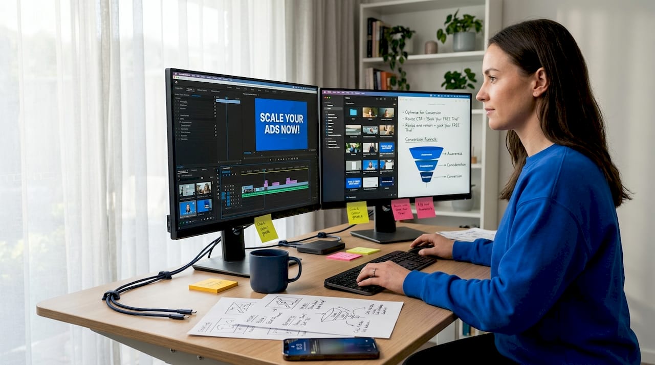 Digital marketer editing video on desktop monitors