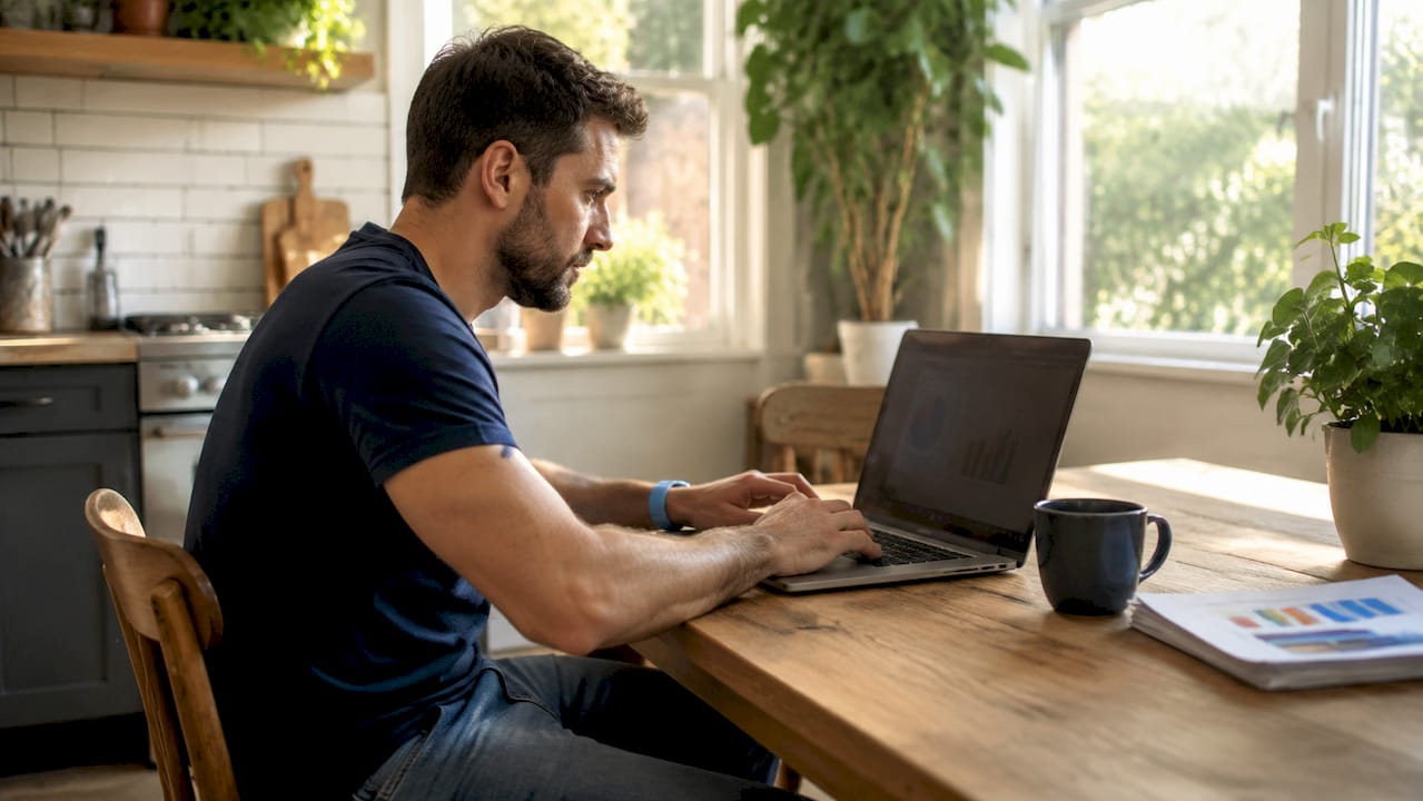 Marketer reviewing ad attribution data at home office