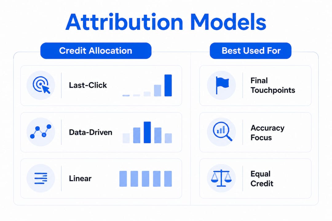 Infographic comparing ad attribution models by credit and use