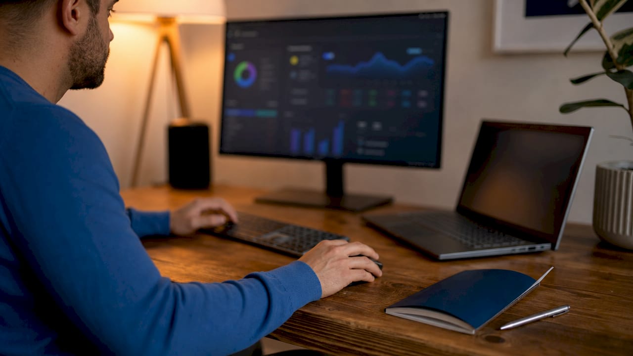 Hands navigating Facebook ad campaign dashboard