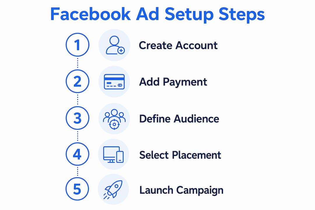 Infographic illustrating Facebook ad campaign setup steps
