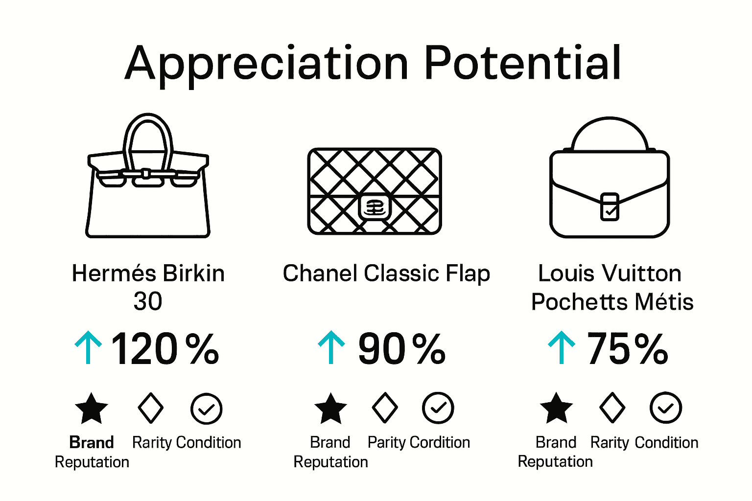 Infographic comparing appreciation and features of top investment-grade designer bags.