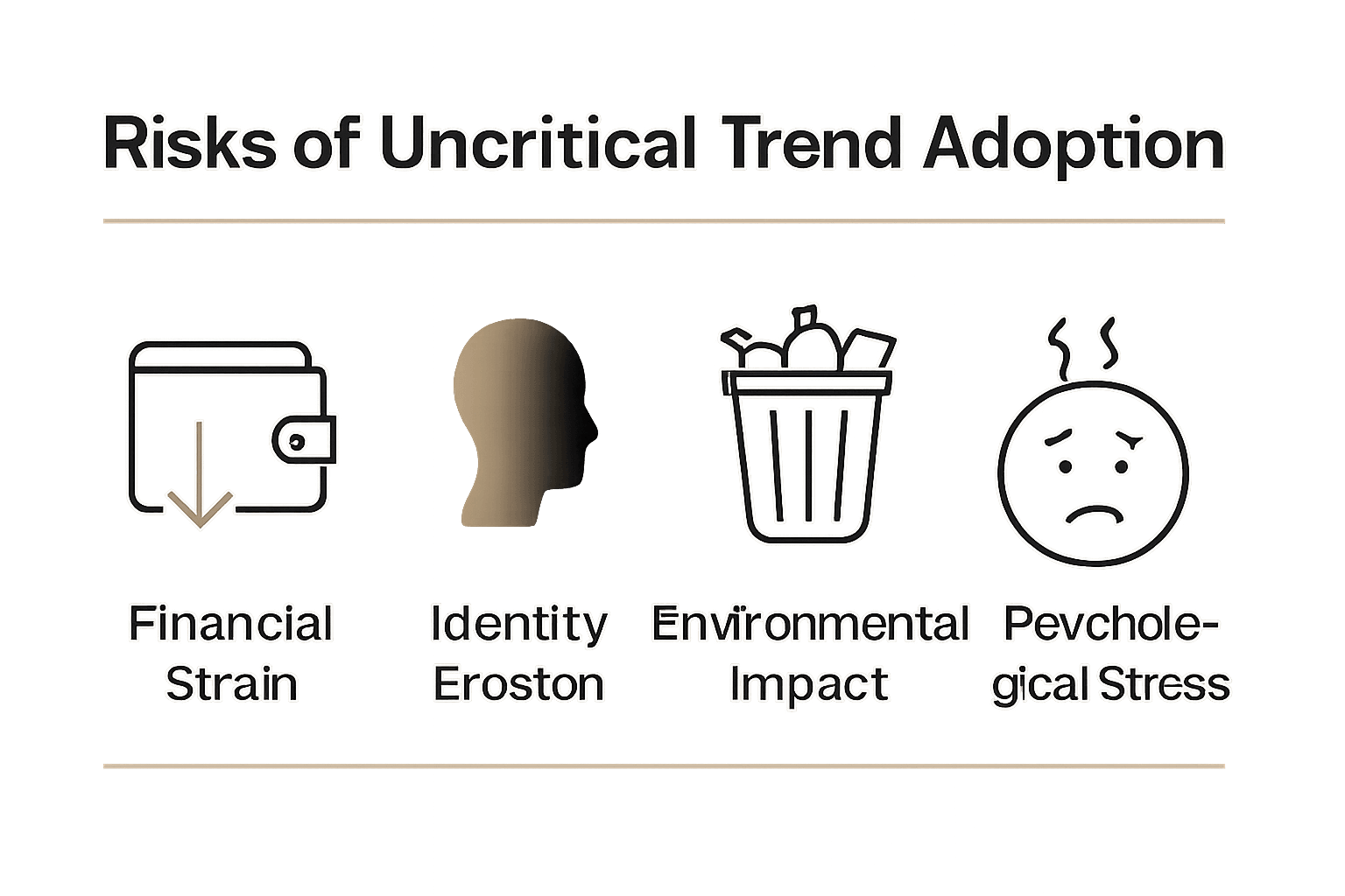 Infographic showing four main risks of adopting fleeting fashion trends: financial drain, identity erosion, environmental impact, psychological pressure.