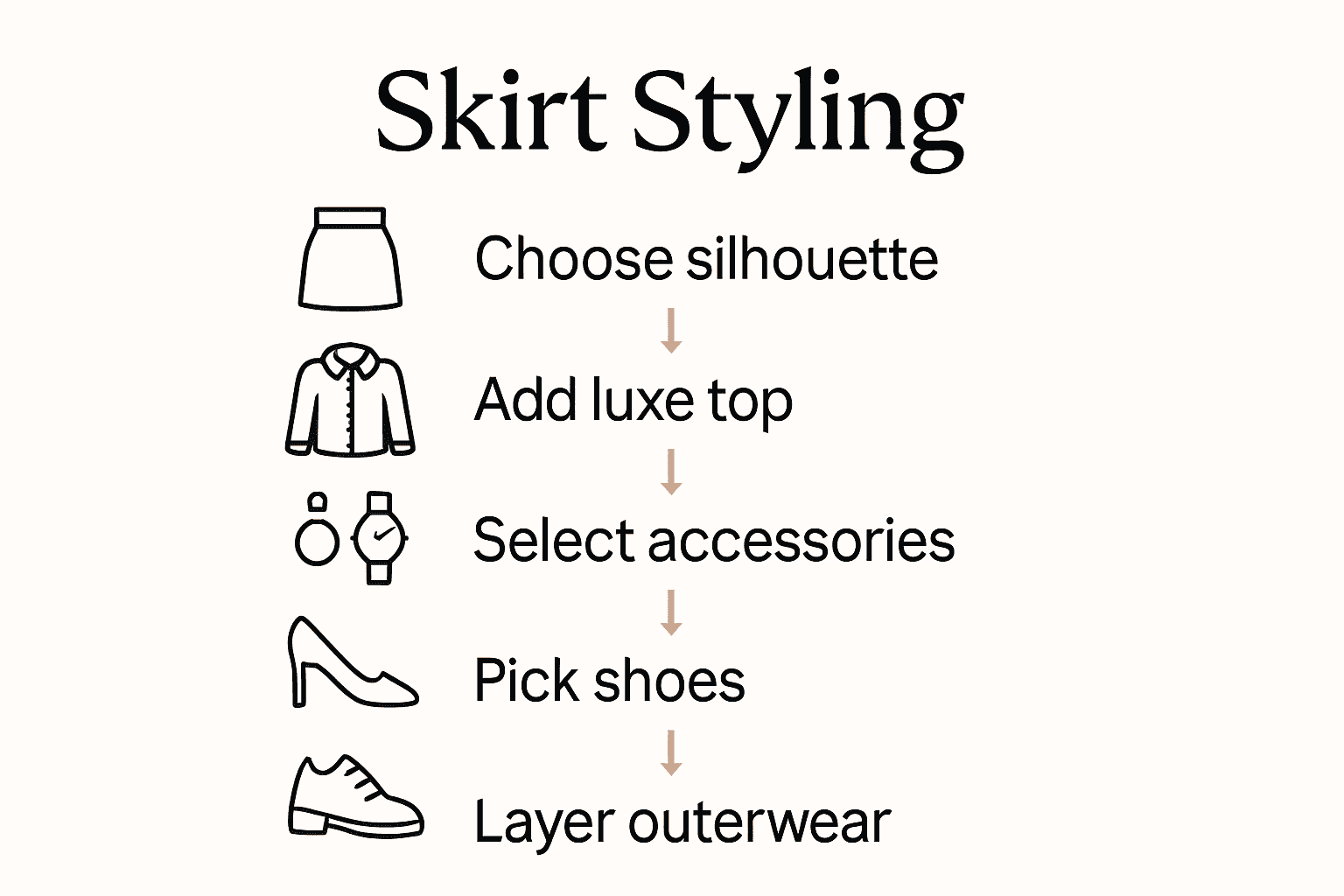 Infographic of 5 designer skirt styling steps with icons