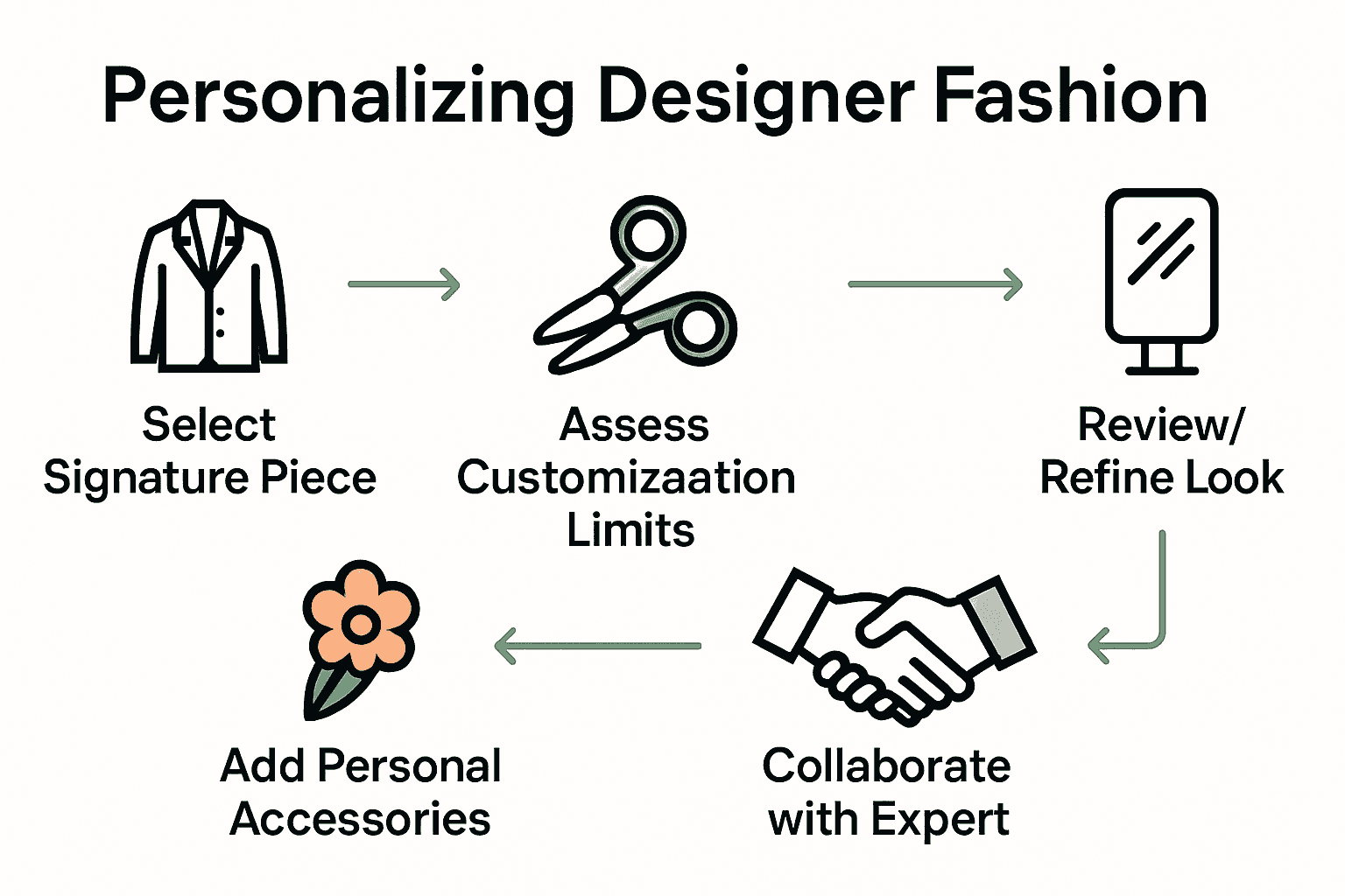 Infographic illustrates five personalized designer fashion steps with icons and arrows.