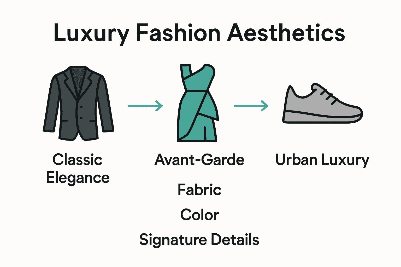Infographic comparing luxury fashion aesthetics Classic Elegance, Avant-Garde, and Urban Luxury with icons and key characteristics.