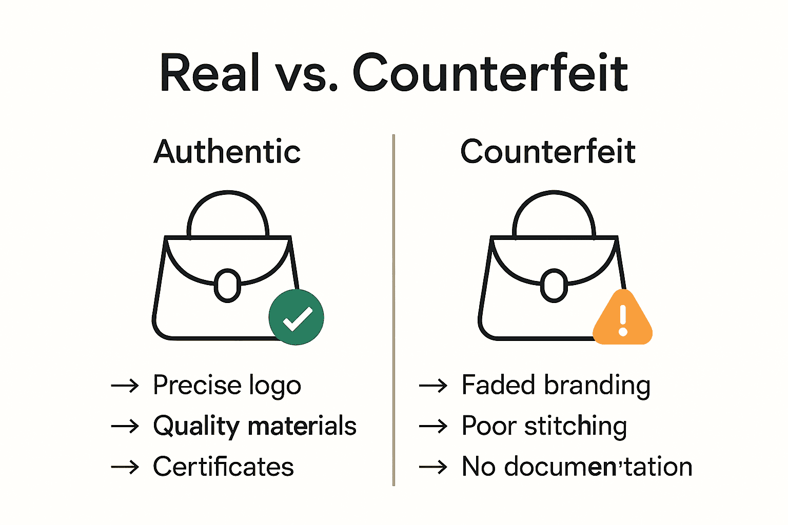 Infographic comparing real and counterfeit designer bags with icons and arrows.