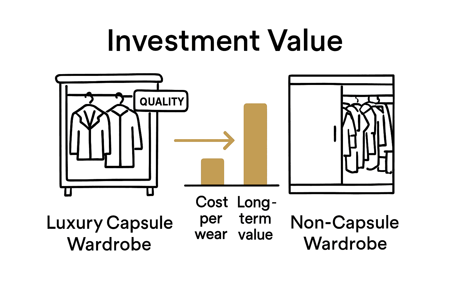 Infographic comparing cost-per-wear and value of luxury capsule and regular wardrobes