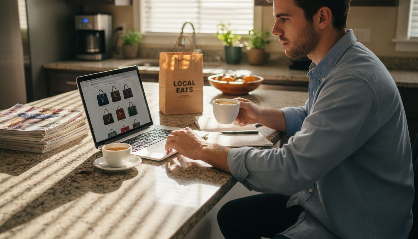 Browsing luxury fashion online at kitchen counter