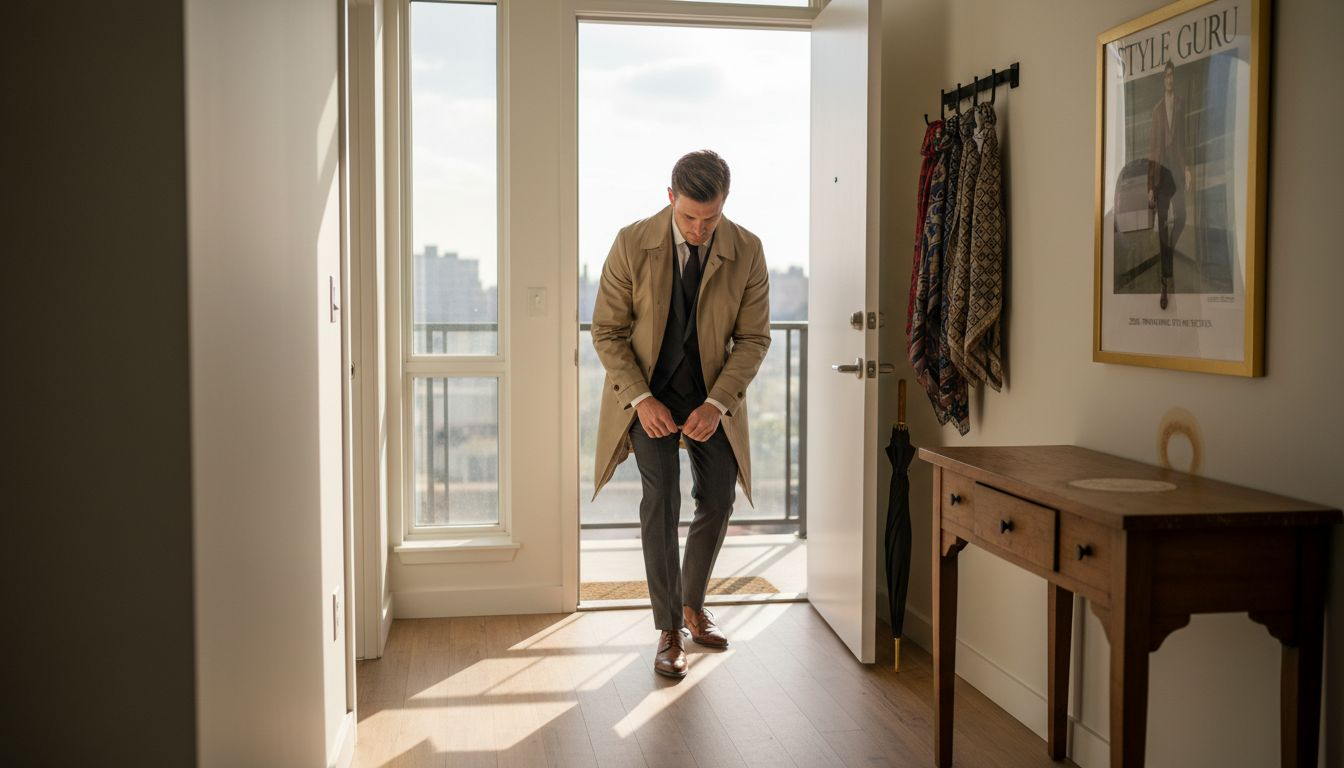 Man layering designer trench coat at home