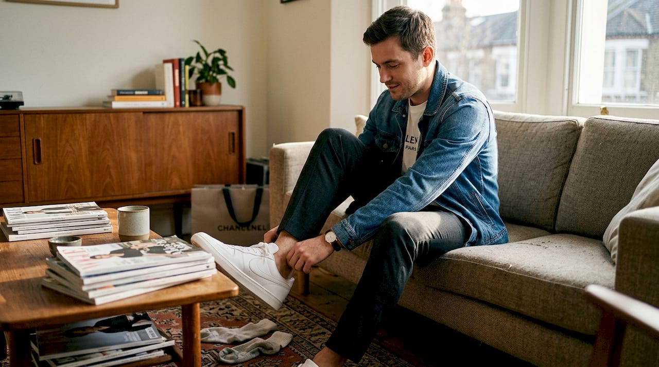 Man layers designer t-shirt with denim jacket