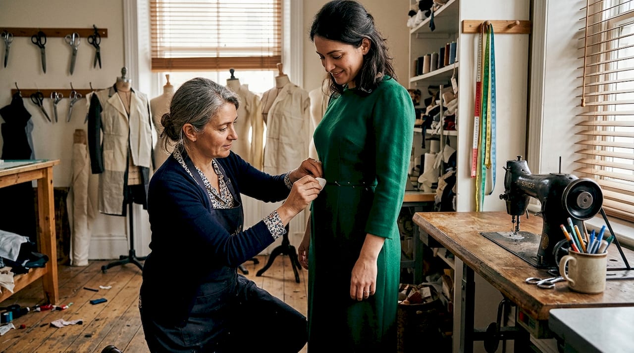 Seamstress fitting hourglass silhouette dress