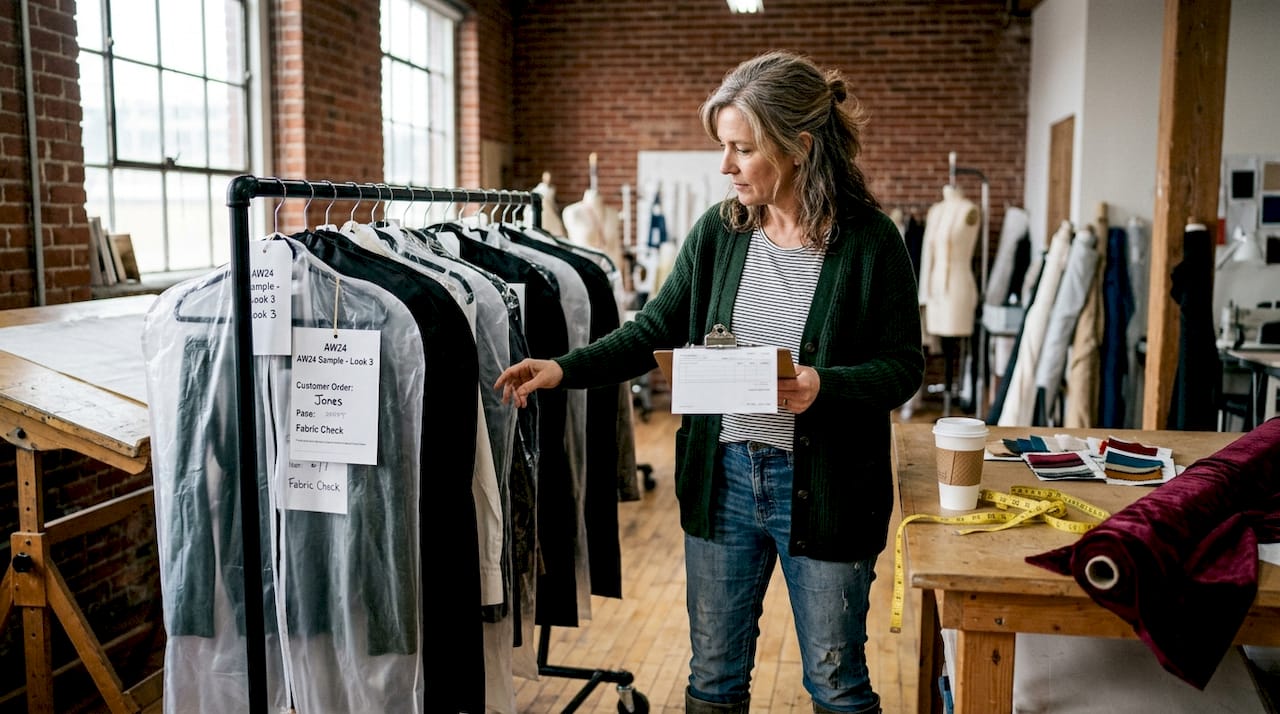 Designer managing pre-order racks in studio