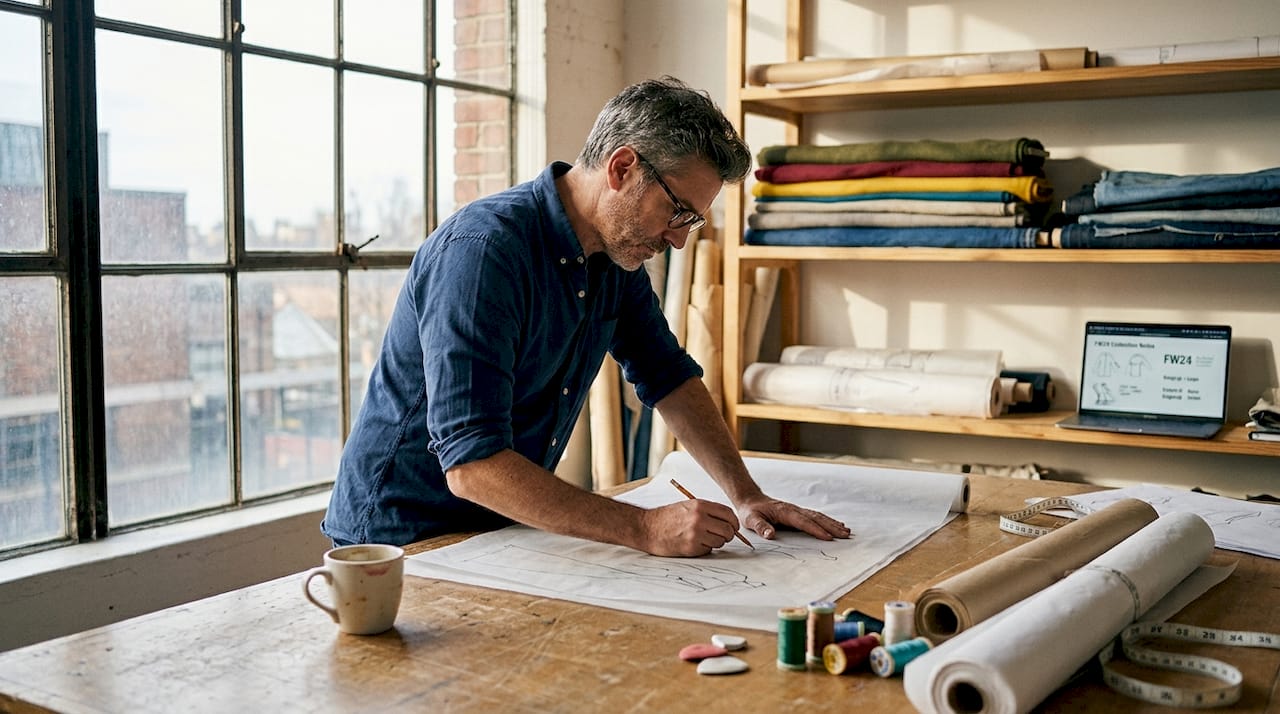 Designer sketches at table in fashion studio