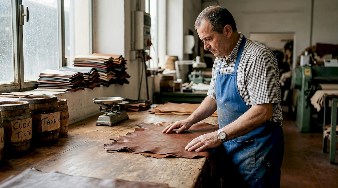 Tuscan tannery worker checking leather hides