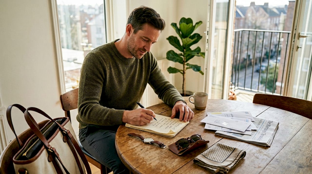 Man checking luxury accessory list at table