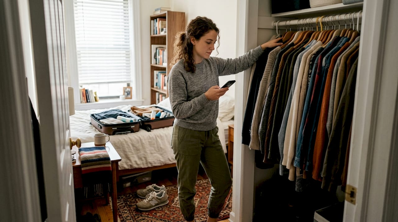 Person browsing wardrobe for fashion inspiration