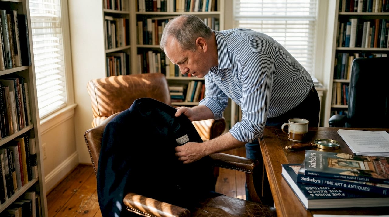 Collector examines designer jacket in study