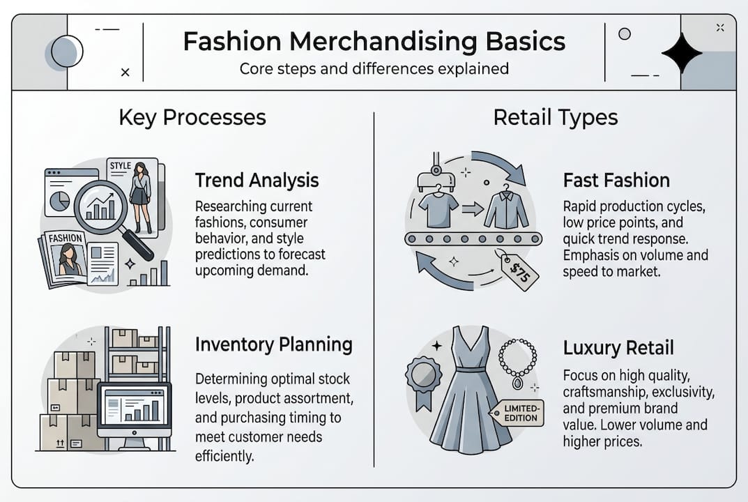 Infographic outlining merchandising steps and retail types